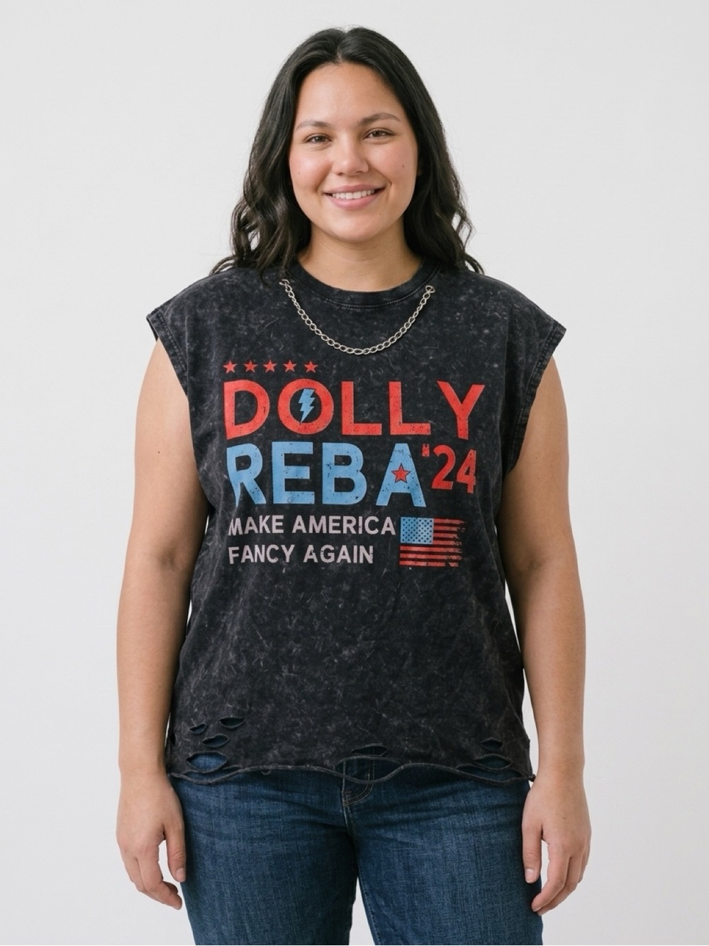 Dolly Parton Reba ’24 distressed muscle tee in washed black, size XL.